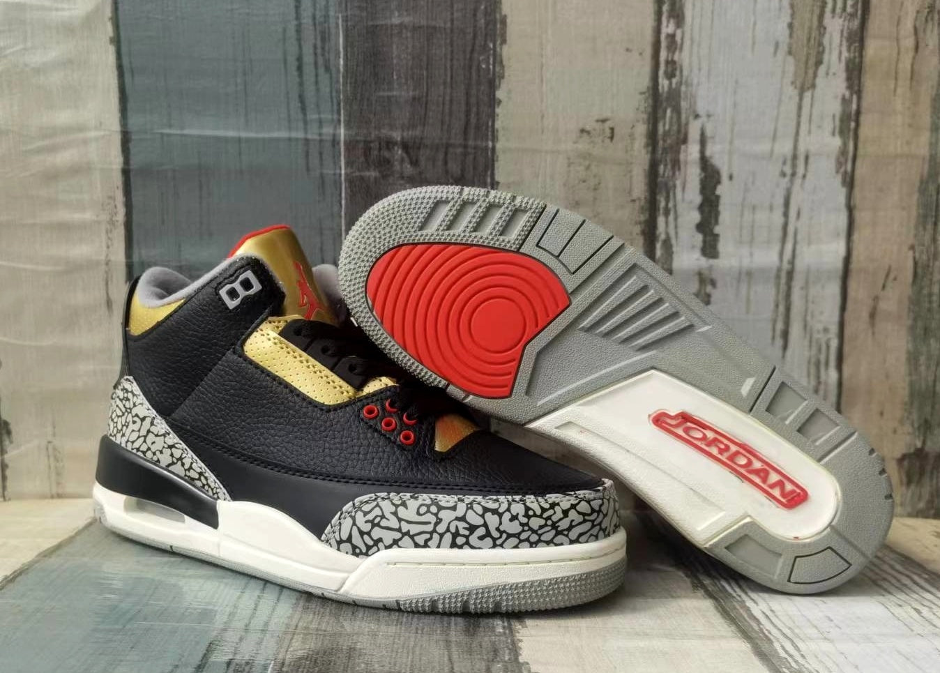 324 — Jordan 3 “Black &amp; Gold Cement” — Custom Tribute
