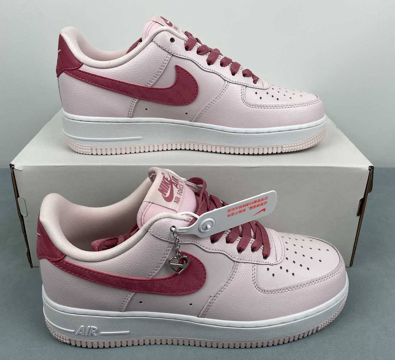 AF1-039 Love Letter Blush Burgundy – front toe box view showing blush pink crinkled leather, burgundy laces, and silver heart charm on eyelet