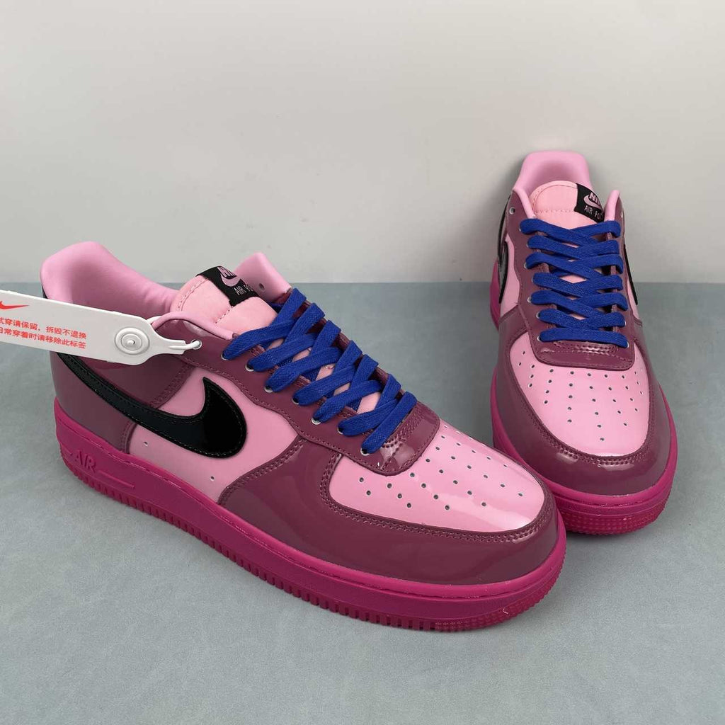 AF1-037 Berry Pink Patent – medial side profile showing pink collar lining and berry patent quarter panel