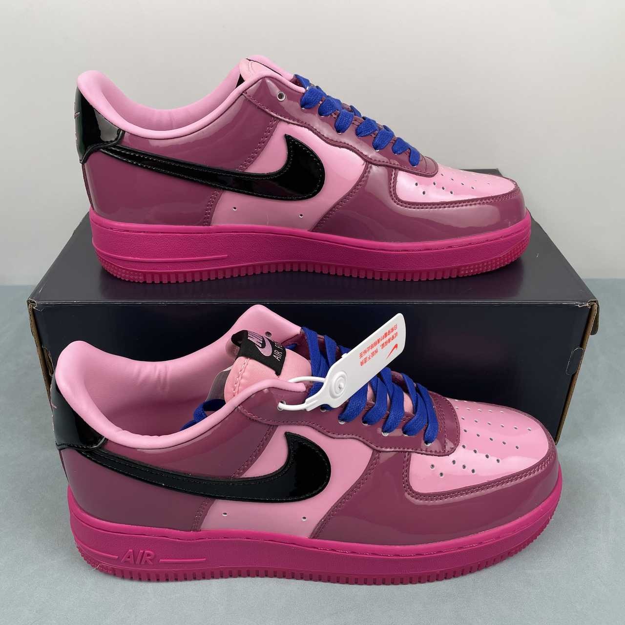 AF1-037 Berry Pink Patent – lateral side profile showing full silhouette, berry patent upper, black swoosh, and fuchsia midsole