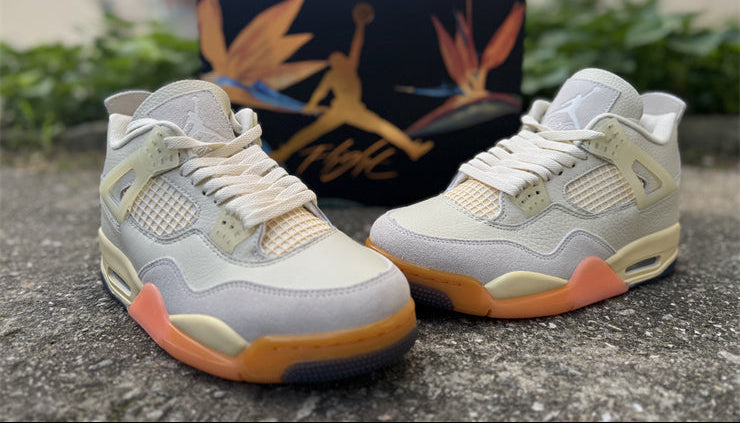Jordan 4 Birds of Paradise Design-Inspired - front three-quarter view with box