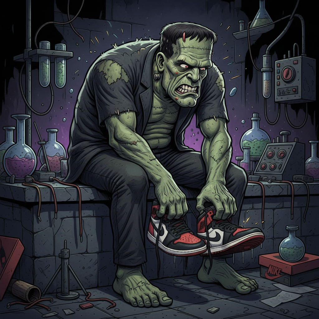 Frankenstein trying on small Jordans