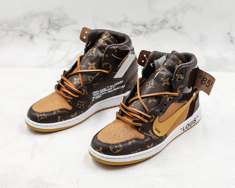 034 — Jordan 1 High “Louis V Off‑White Brown/Tan” — Design‑Inspired Fantasy Colorway