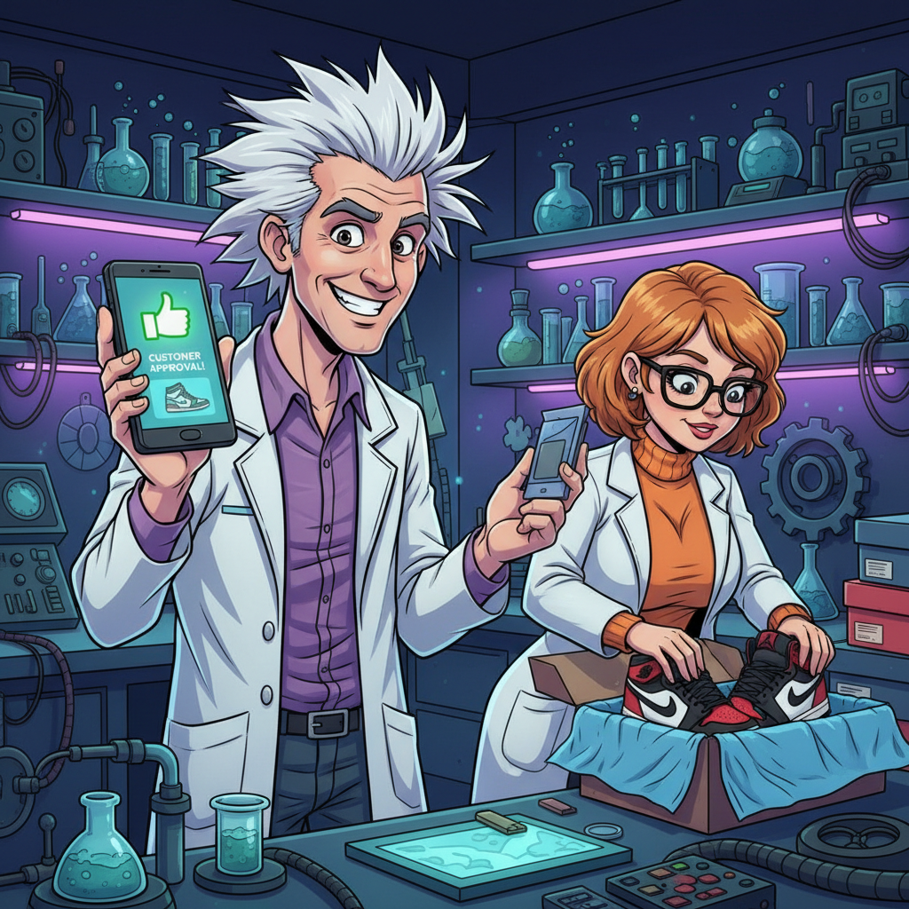 Mad scientist and lab assistant - approval and packaging