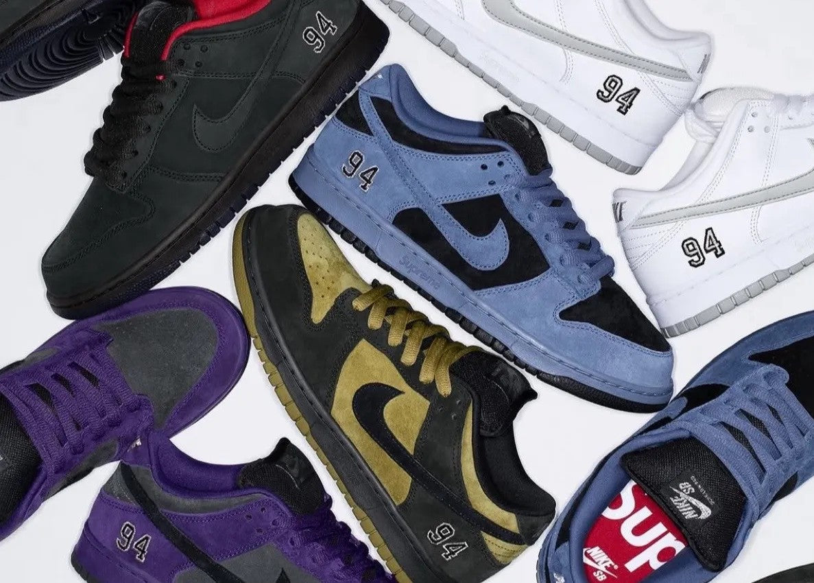 SB Dunk Low “Supreme 94 Pack” — White / Black / Purple / Blue / Golden — Design‑Inspired