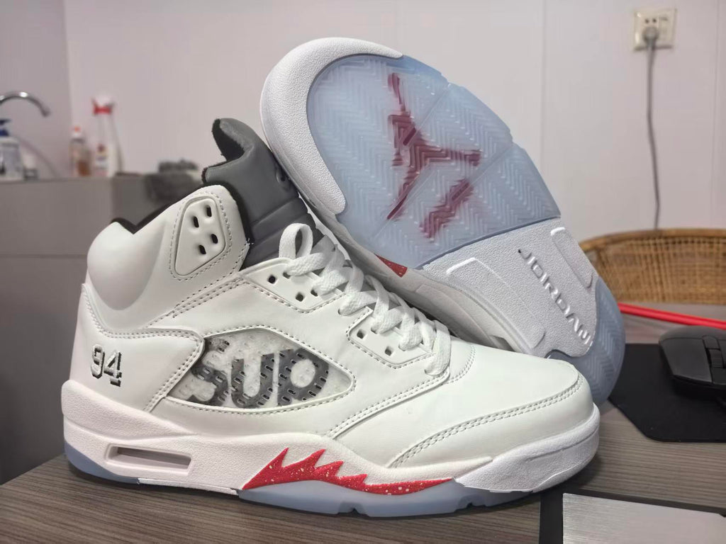 Jordan 5 Design-Inspired - Supreme - "White" "White & Red" Custom Tribute - AJ5-SUPW-542