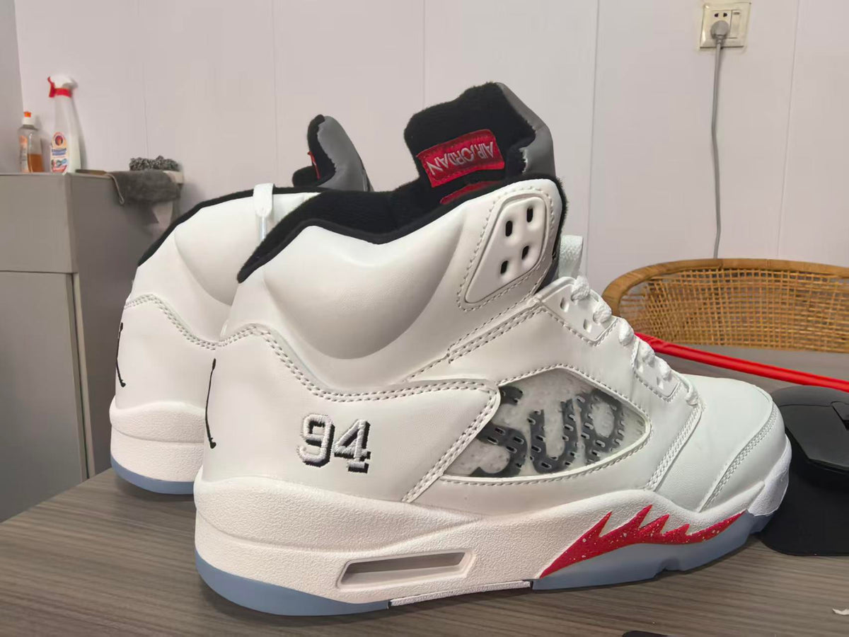Jordan 5 Design-Inspired - Supreme - "White" "White & Red" Custom Tribute - AJ5-SUPW-542