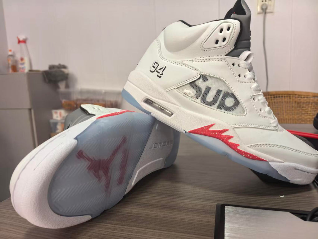 Jordan 5 Design-Inspired - Supreme - "White" "White & Red" Custom Tribute - AJ5-SUPW-542